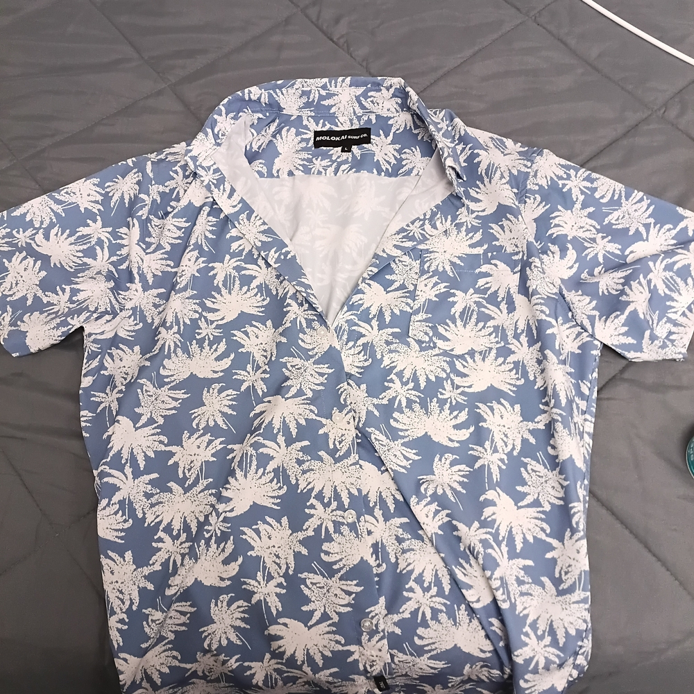 Men's Blue Palm-Print Short Sleeve Shirt